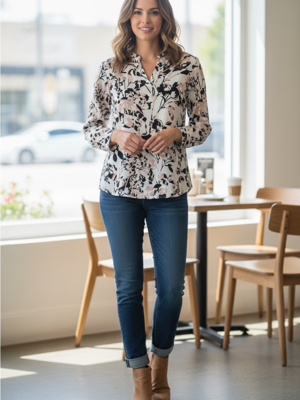 Forever 21 Cream Floral Print Button-Up Blouse
